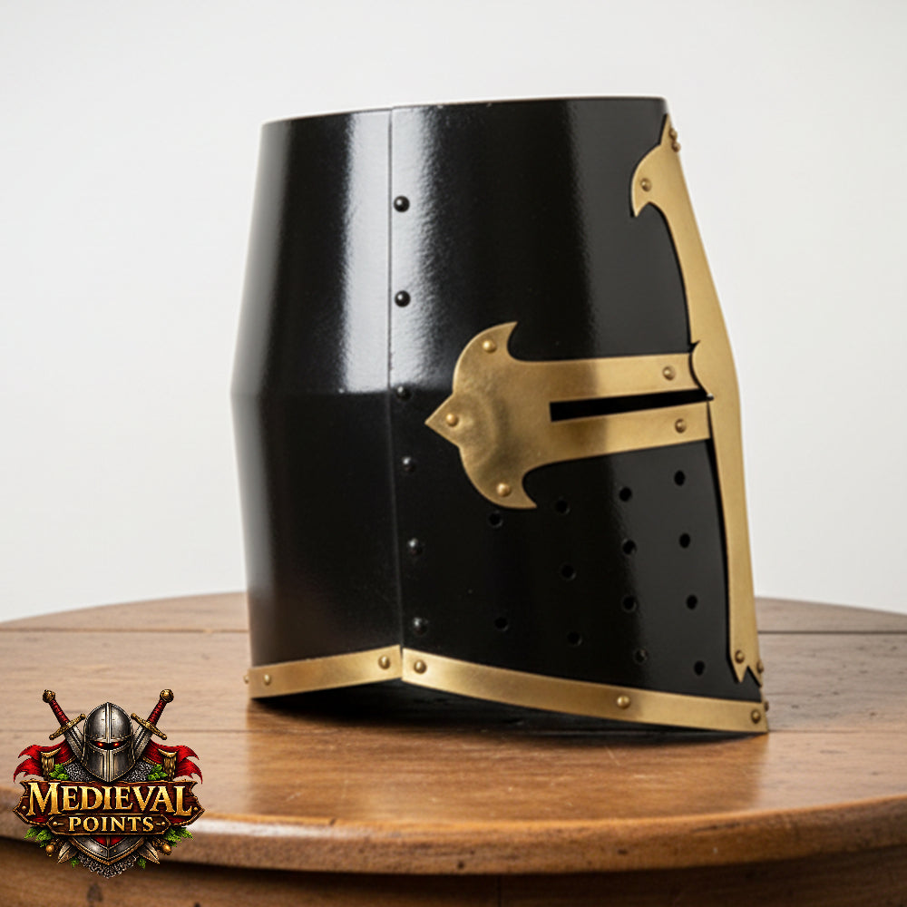 Black Crusader Helmet Brass Trim – Knights Templar Helmet Practice Armor for Reenactment & Cosplay