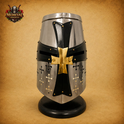 Medieval Crusader Templar Helmet | Silver Steel Knight Helmet with Black Cross & Wooden Stand