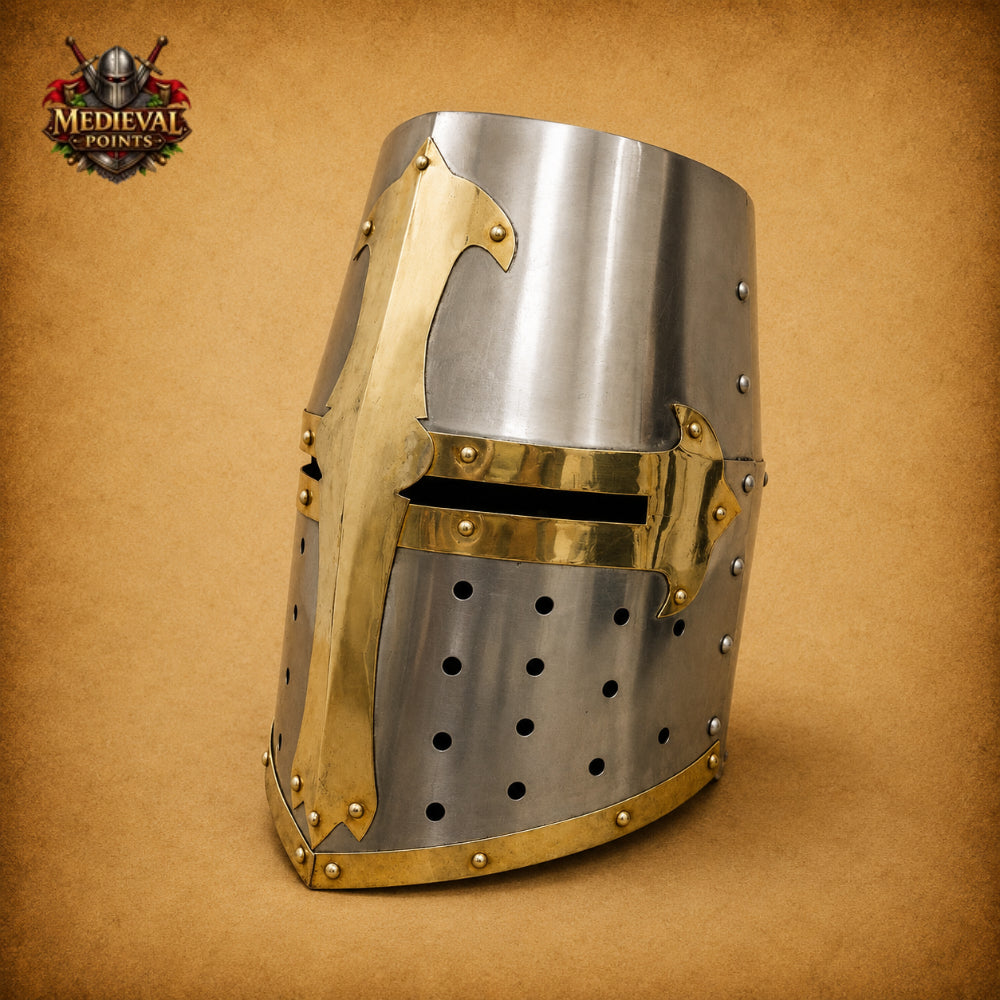 Brass Crusader Templar Helmet | Medieval Knight Helmet with Wooden Display Stand