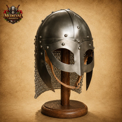 Viking Vendel Spectacle Helmet with Chainmail & Wooden Display Stand