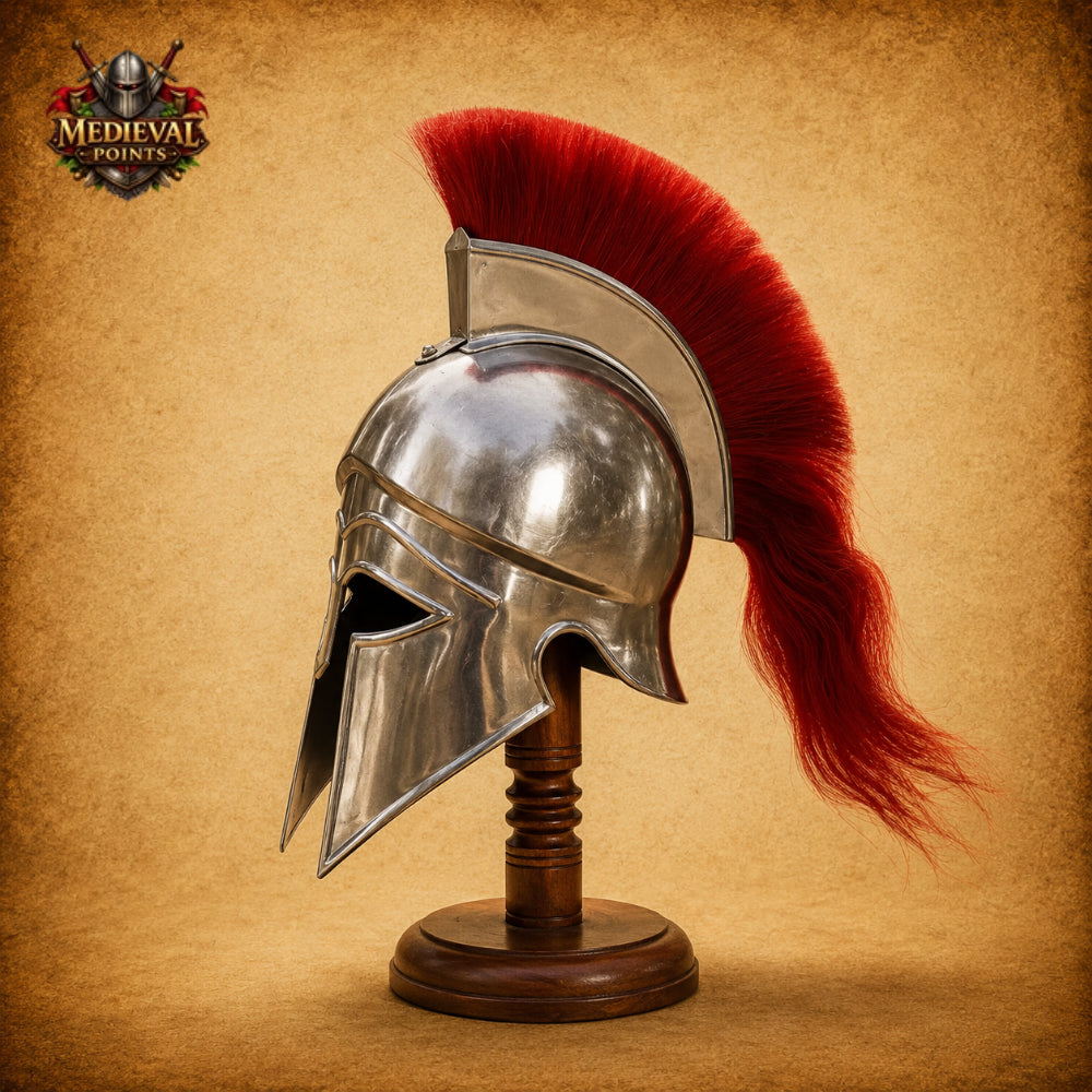 Greek Corinthian Helmet Silver Finish with Red Plume | Medieval Warrior Display Armor
