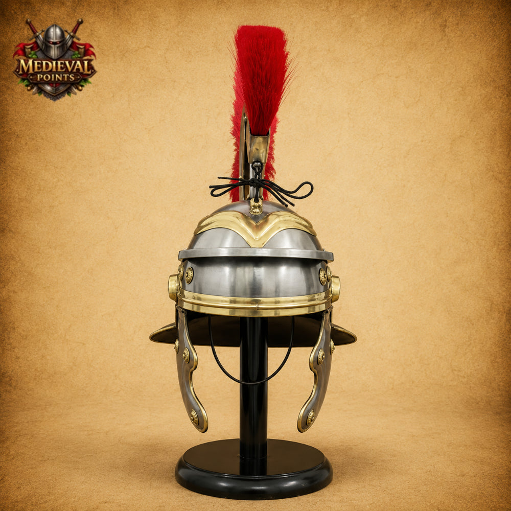 Roman Centurion Helmet with Red Plume & Wooden Display Stand | New Year Gift