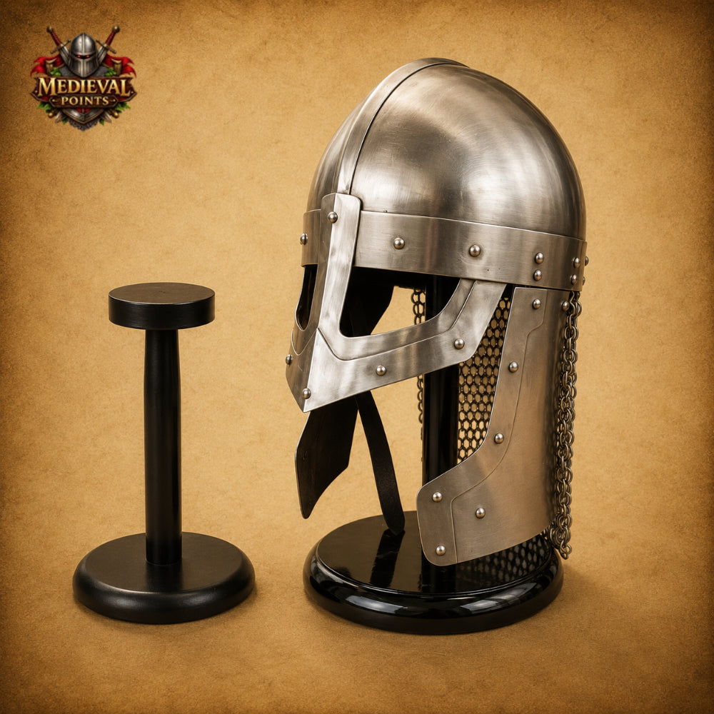 Medieval Raven Viking Helmet with Chainmail & Wooden Display Stand