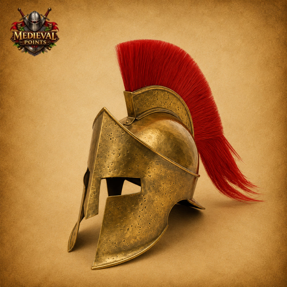 Spartan Helmet with Red Plume | King Leonidas Steel Helmet | Includes Wooden Display Stand