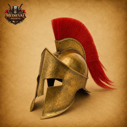 Spartan Helmet with Red Plume | King Leonidas Steel Helmet | Includes Wooden Display Stand