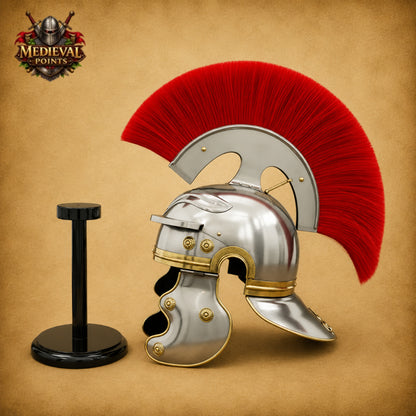 Roman Centurion Helmet with Red Plume & Wooden Display Stand