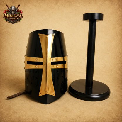 Medieval Templar Crusader Helmet with Wooden Display Stand