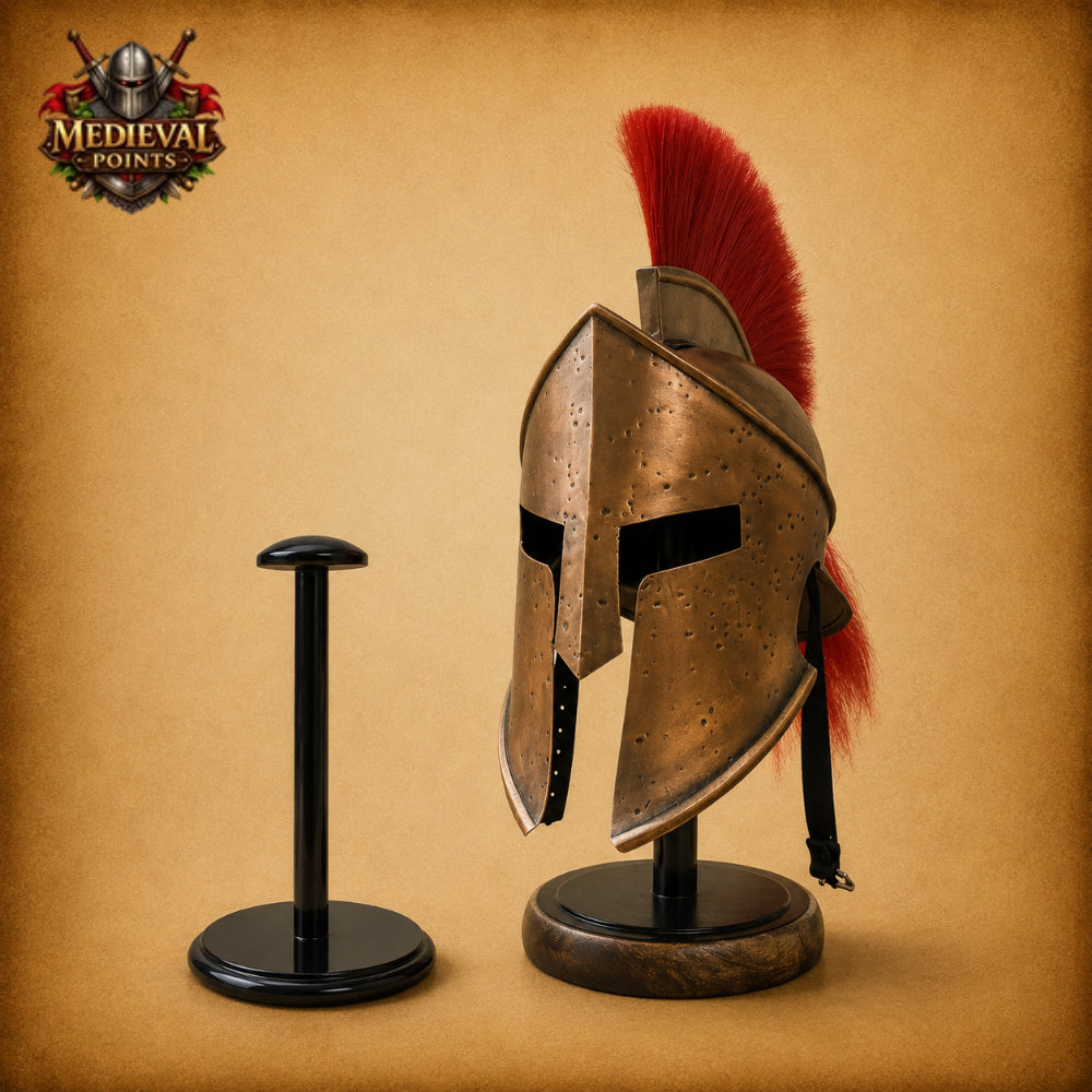 Leonidas Spartan Helmet with Red Plume & Wooden Display Stand | Greek Warrior Replica