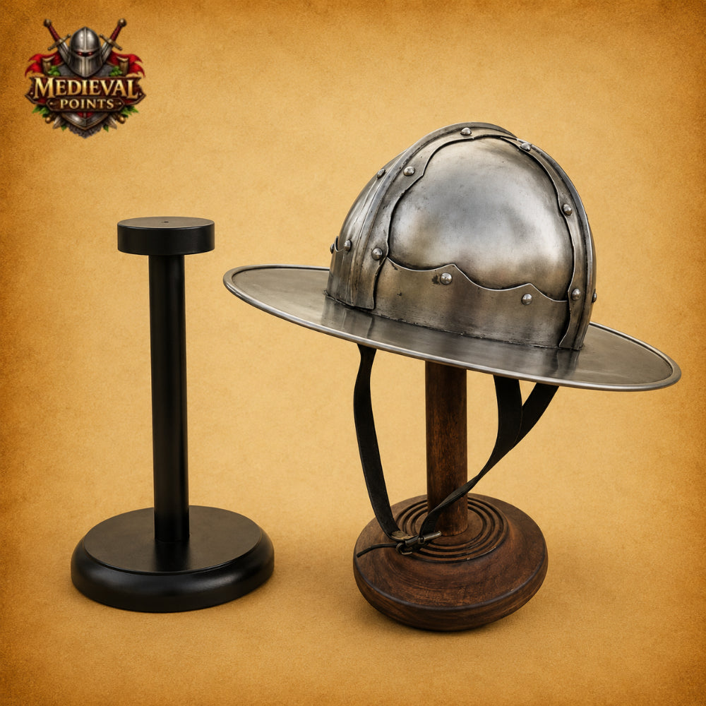 Medieval Kettle Hat Helmet with Wooden Display Stand – 18 Gauge Steel