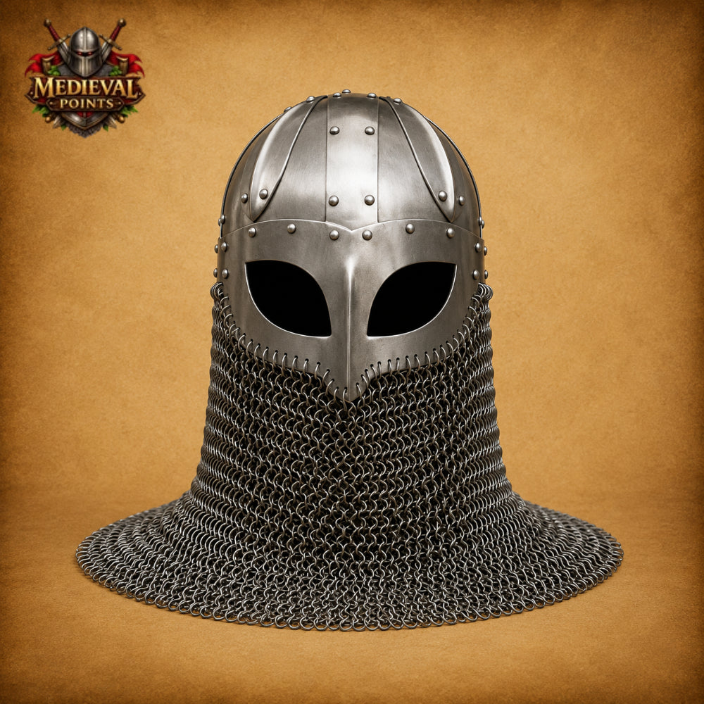 18 Gauge Medieval Viking Chainmail Helmet with  Wooden Stand