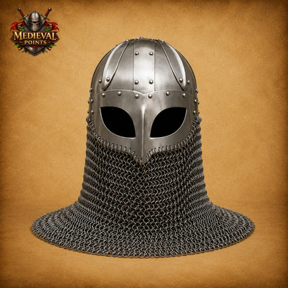 18 Gauge Medieval Viking Chainmail Helmet with  Wooden Stand
