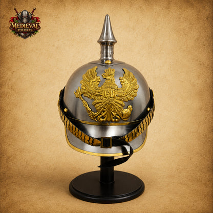 German Pickelhaube Spike Helmet | Military Replica with Wooden Display Stand