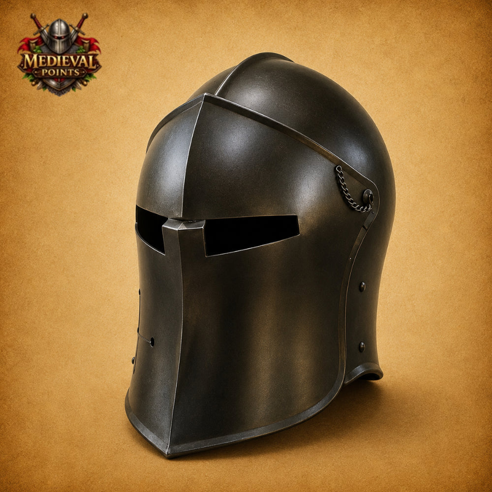 Medieval Black Barbute Steel Helmet | Wearable Knight Armor with Display Stand