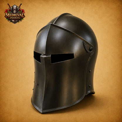 Medieval Black Barbute Steel Helmet | Wearable Knight Armor with Display Stand