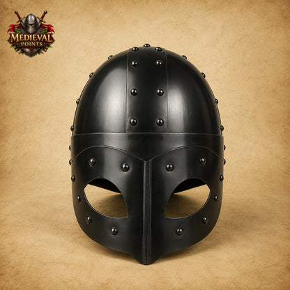 Handmade Viking Mask Helmet in Black 18 Gauge Steel with Wooden Display Stand