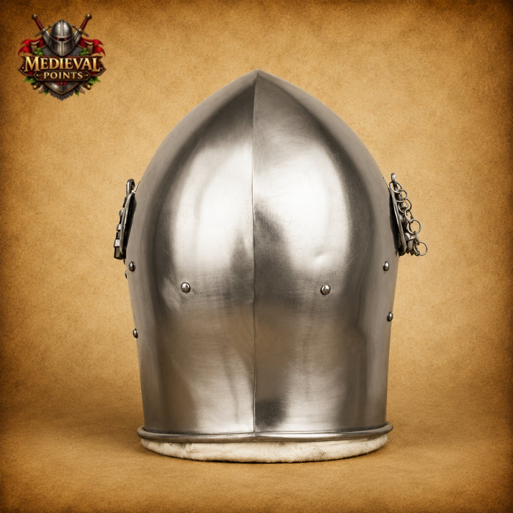 Medieval Knight Barbute Helmet Armor with Wooden Display Stand