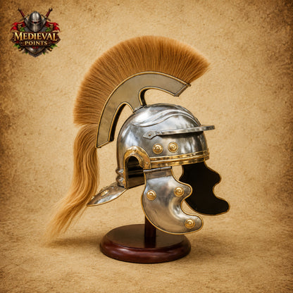Roman Centurion Helmet with Brown Horsehair Plume & Wooden Display Stand
