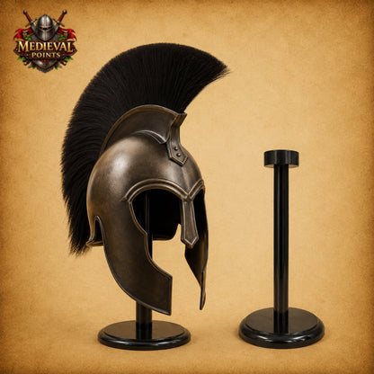 Medieval Achilles Troy Black Helmet with Wooden Display Stand