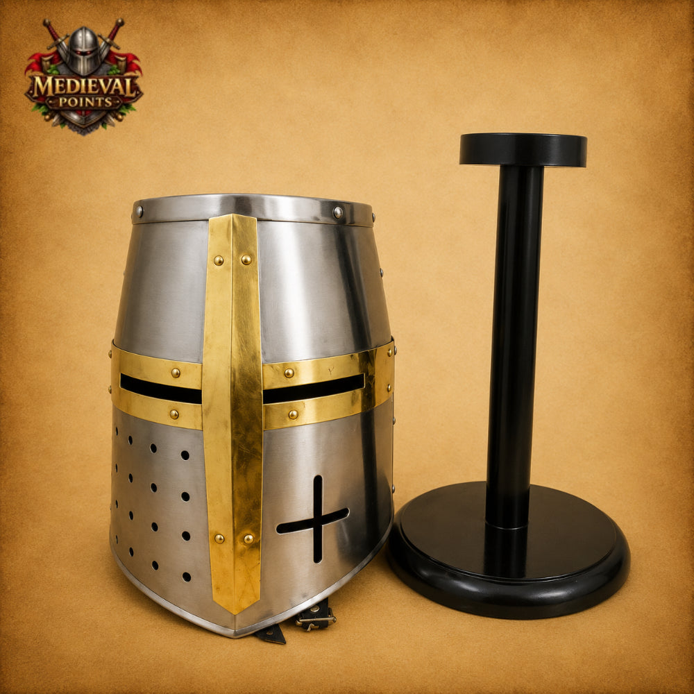 Medieval Templar Helmet with Wooden Display Stand