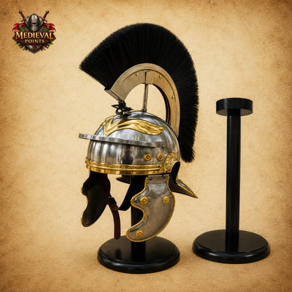 Roman Helmet with Black Plume & Wooden Display Stand