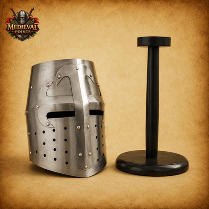 Crusader Knight Templar Helmet with Wooden Display Stand