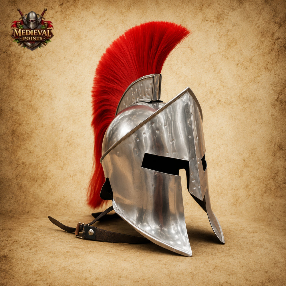 King Leonidas 300 Spartan Helmet with Red Plume & Wooden Display Stand | Greek Warrior Helmet Replica