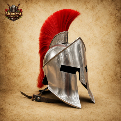 King Leonidas 300 Spartan Helmet with Red Plume & Wooden Display Stand | Greek Warrior Helmet Replica