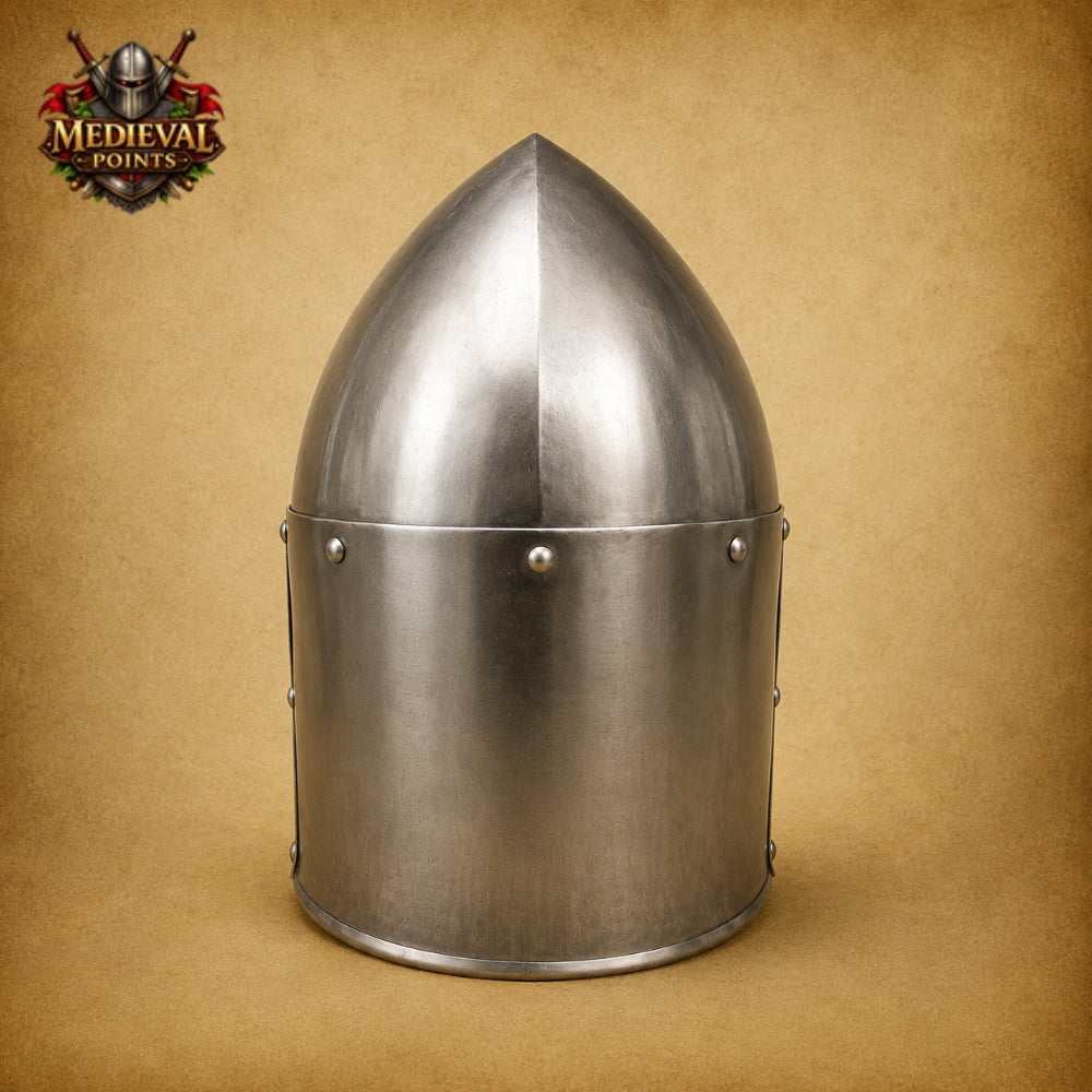 Handcrafted Medieval Sugarloaf Steel & Brass Knight Helmet with Wooden Stand