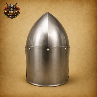 Handcrafted Medieval Sugarloaf Steel & Brass Knight Helmet with Wooden Stand