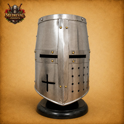 Medieval Knight Helmet with Wooden Display Stand – Silver Steel Armor