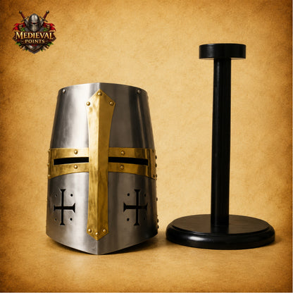 Silver Templar Crusader Helmet | Medieval Knight Helmet with Wooden Display Stand