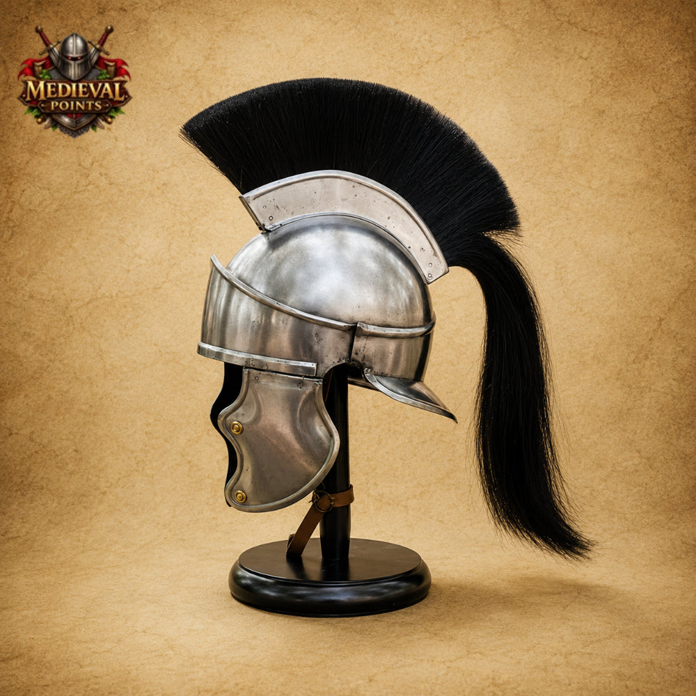 King Leonidas Greek Spartan Helmet with Black Plume & Wooden Display Stand