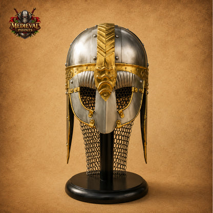 Viking Gjermundbu Helmet with Wooden Display Stand – Medieval Norse Warrior Armor