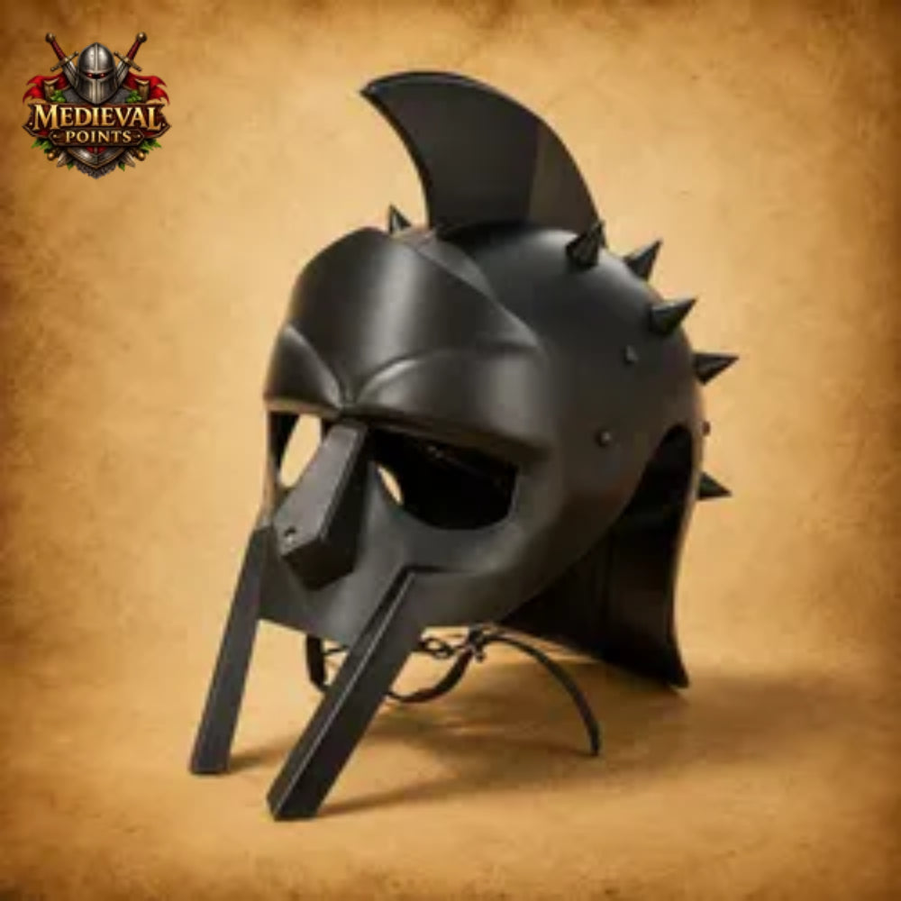Black Spartan Gladiator Helmet with Wooden Display Stand