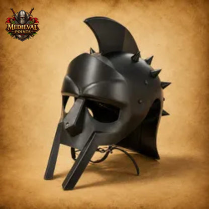 Black Spartan Gladiator Helmet with Wooden Display Stand