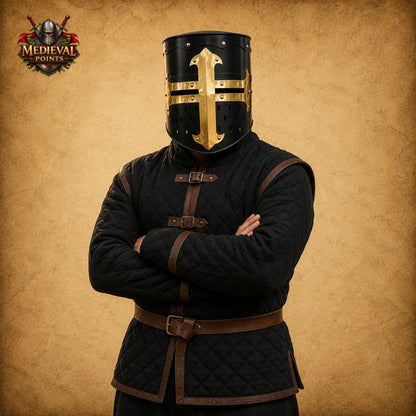 Medieval Crusader Helmet with Wooden Display Stand – Black Knight Great Helm