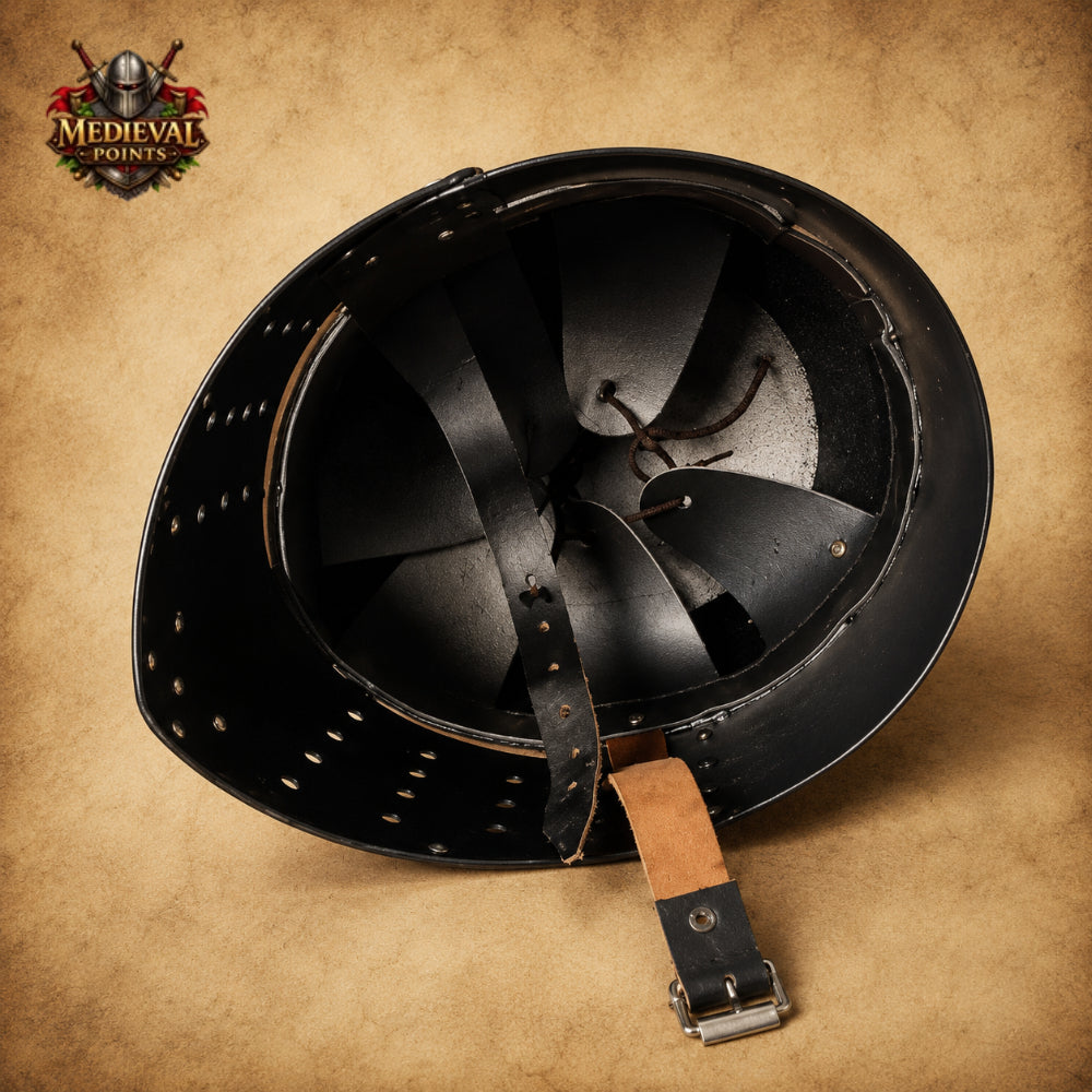 Black & Brass Templar Crusader Helmet with Wooden Display Stand | Medieval Knight Armor