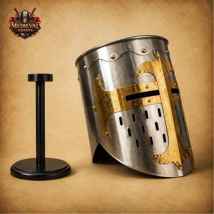 Templar Knight Helmet with Wooden Display Stand – Medieval Crusader Great Helm