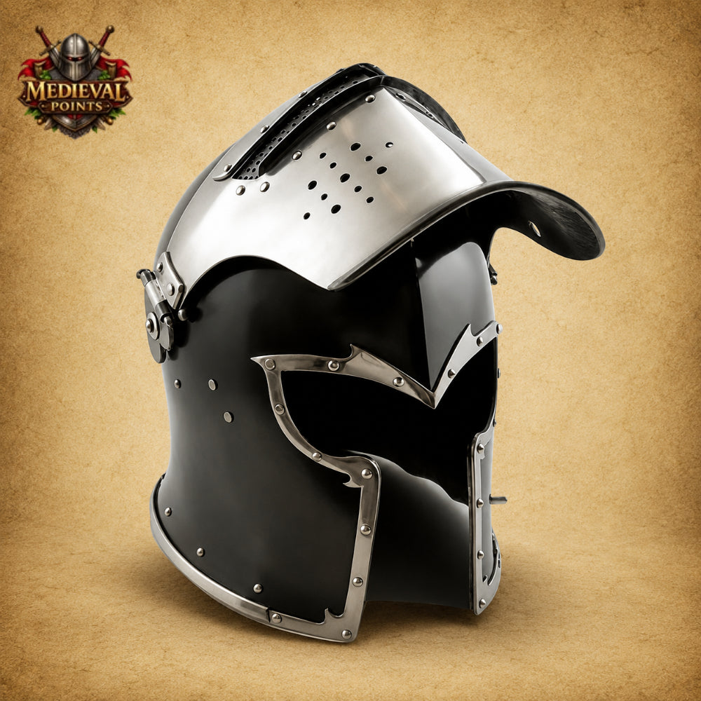 Medieval Barbuta Helmet Armor with Leather Liner & Wooden Display Stand | Wearable Knight Helmet