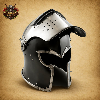 Medieval Barbuta Helmet Armor with Leather Liner & Wooden Display Stand | Wearable Knight Helmet
