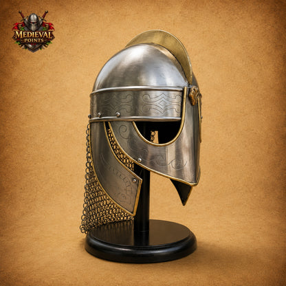 Medieval Viking Chainmail Helmet with Wooden Display Stand – Norse Warrior Armor