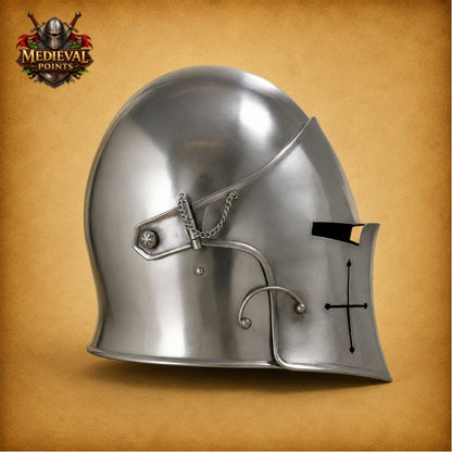 Medieval Barbuta Helmet with Wooden Display Stand – Silver Steel Armor