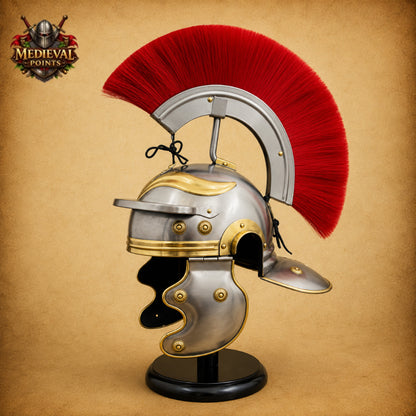 Roman Centurion Helmet with Red Plume & Wooden Display Stand | New Year Gift