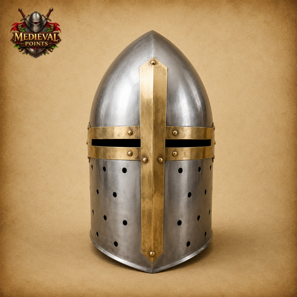 Handcrafted Medieval Sugarloaf Steel & Brass Knight Helmet with Wooden Stand