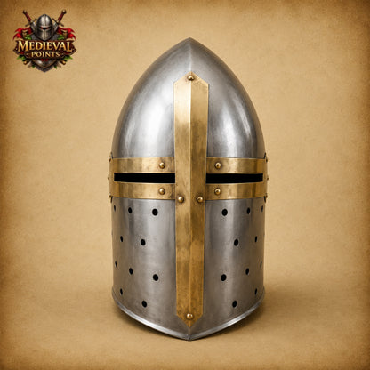 Handcrafted Medieval Sugarloaf Steel & Brass Knight Helmet with Wooden Stand