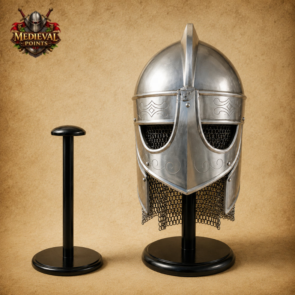 Medieval Knights Templar Barbuta Helmet with Visor &  Wooden Stand | Handmade Steel Crusader Helmet
