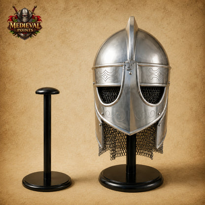 Medieval Knights Templar Barbuta Helmet with Visor &  Wooden Stand | Handmade Steel Crusader Helmet