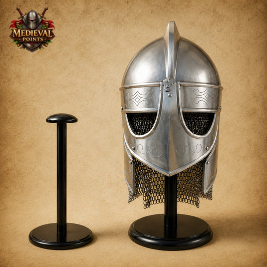 Medieval Knights Templar Barbuta Helmet with Visor &  Wooden Stand | Handmade Steel Crusader Helmet