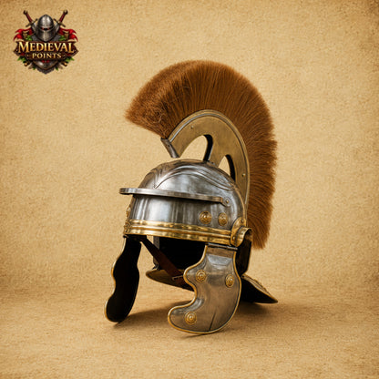 Roman Centurion Helmet with Brown Horsehair Plume & Wooden Display Stand