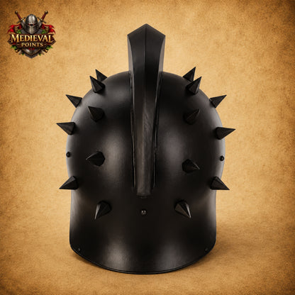 Black Spartan Gladiator Helmet with Wooden Display Stand